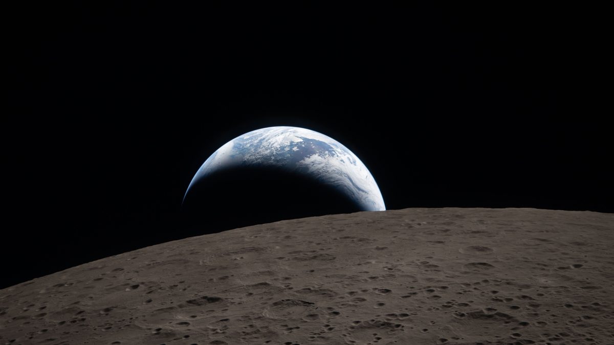 Earth as a thin blue-and-white crescent setting behind the cratered gray horizon of the Moon, photographed from the Orion spacecraft