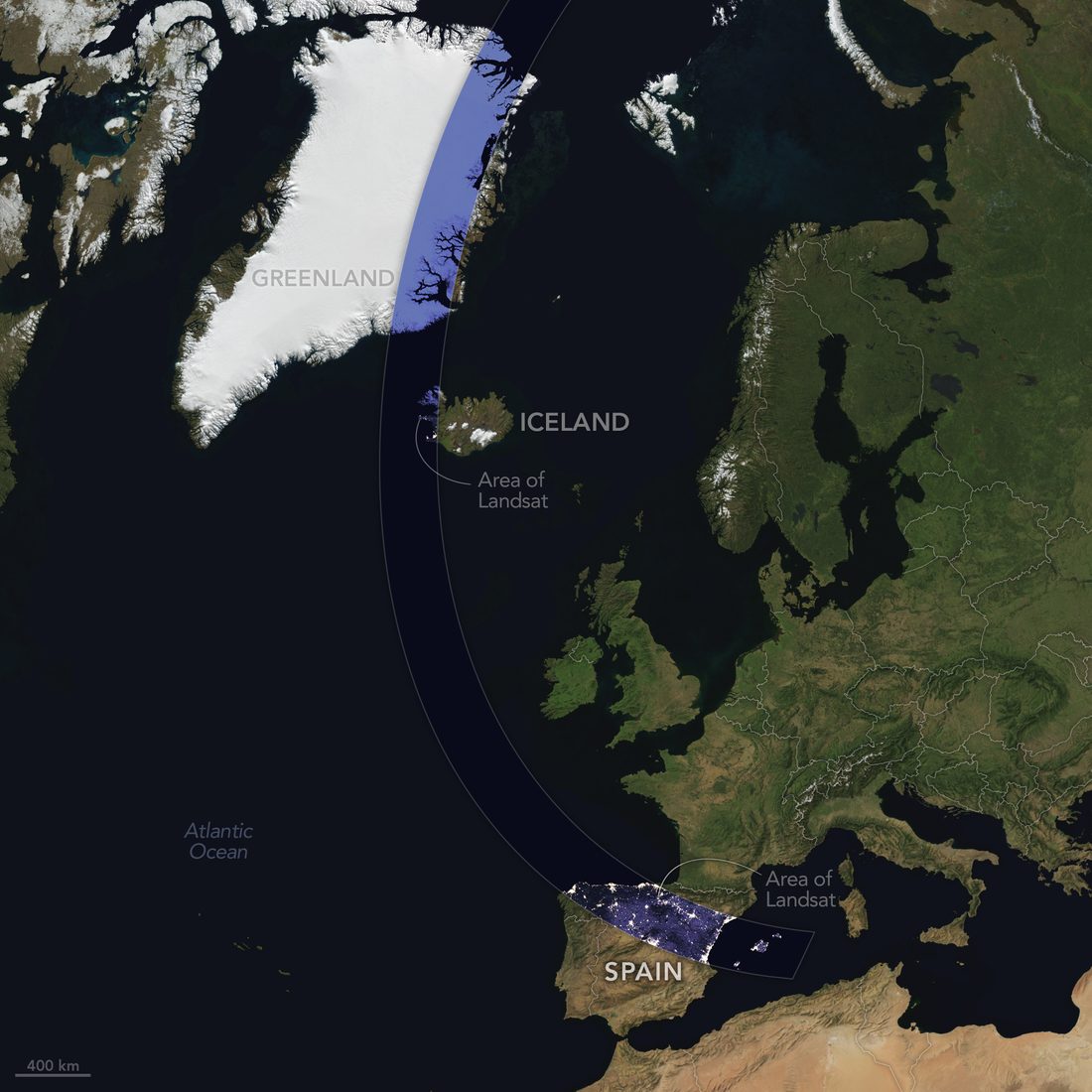 Satellite map of the North Atlantic and Europe with a curved blue band showing the path of totality from Greenland past Iceland and down to northern Spain