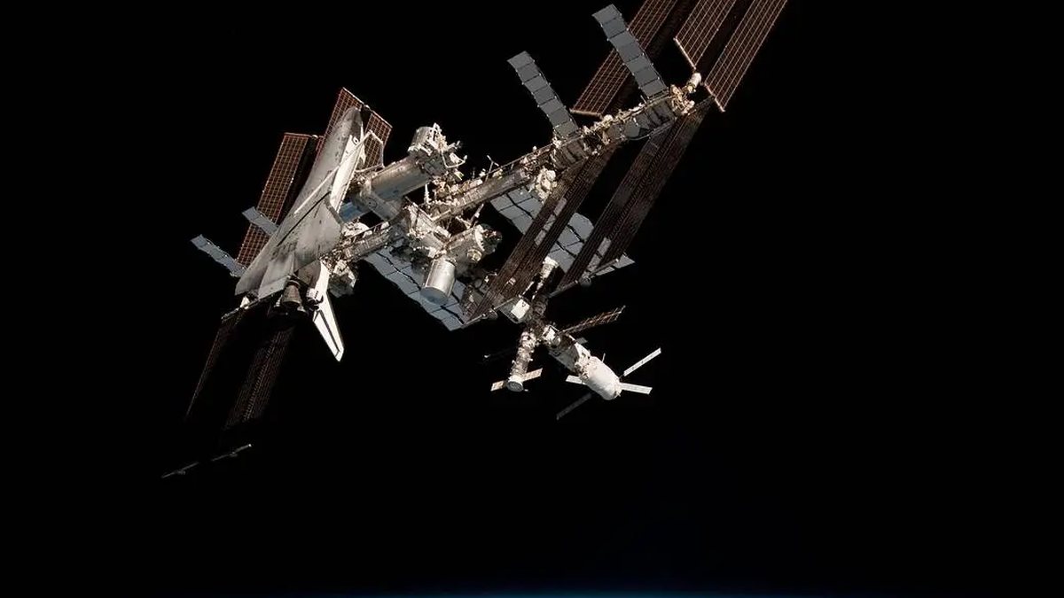 The International Space Station seen against the blackness of space with Earth below