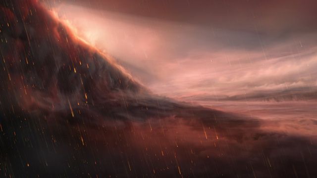 Artist's impression of the night side of the ultra-hot planet WASP-76b, with streaks of iron falling through a dark, stormy sky and a glowing dayside horizon