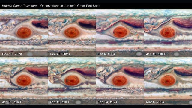 Eight Hubble Space Telescope observations of Jupiter's Great Red Spot taken over several years