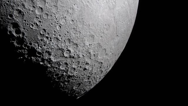 The cratered surface of the Moon near the terminator, where shadows reveal relief
